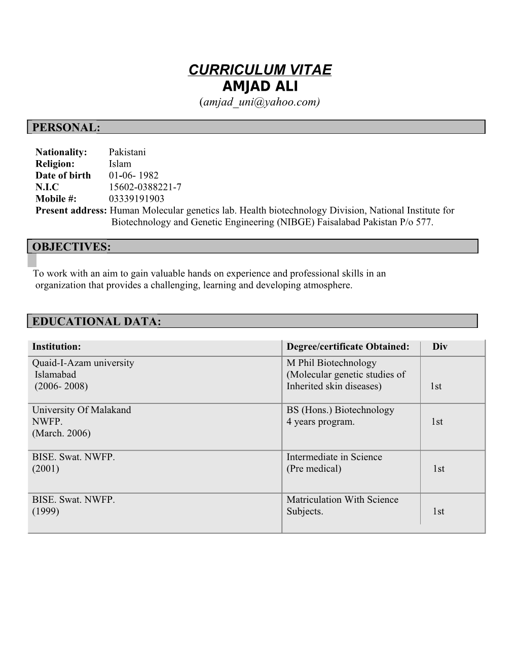 Curriculum Vitae Amjad Ali