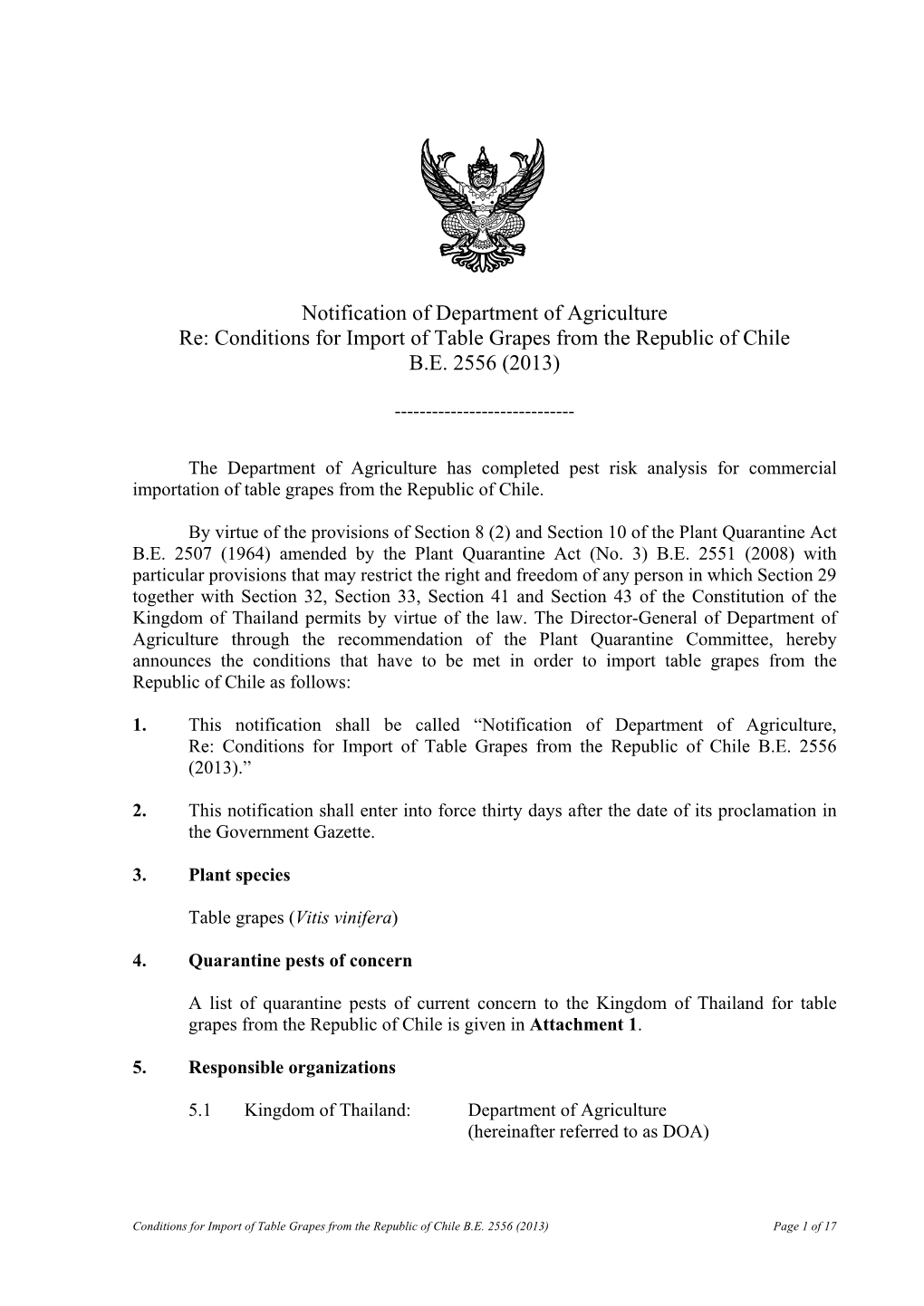 Conditions for Import of Table Grapes from the Republic of Chile BE 2556