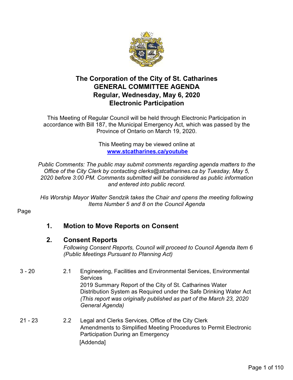 GENERAL COMMITTEE AGENDA Regular, Wednesday, May 6, 2020 Electronic Participation