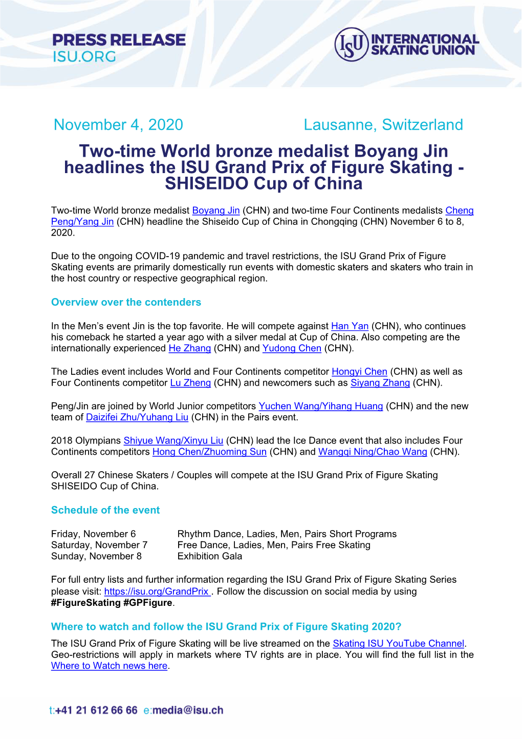 Two-Time World Bronze Medalist Boyang Jin Headlines the ISU Grand Prix of Figure Skating - SHISEIDO Cup of China