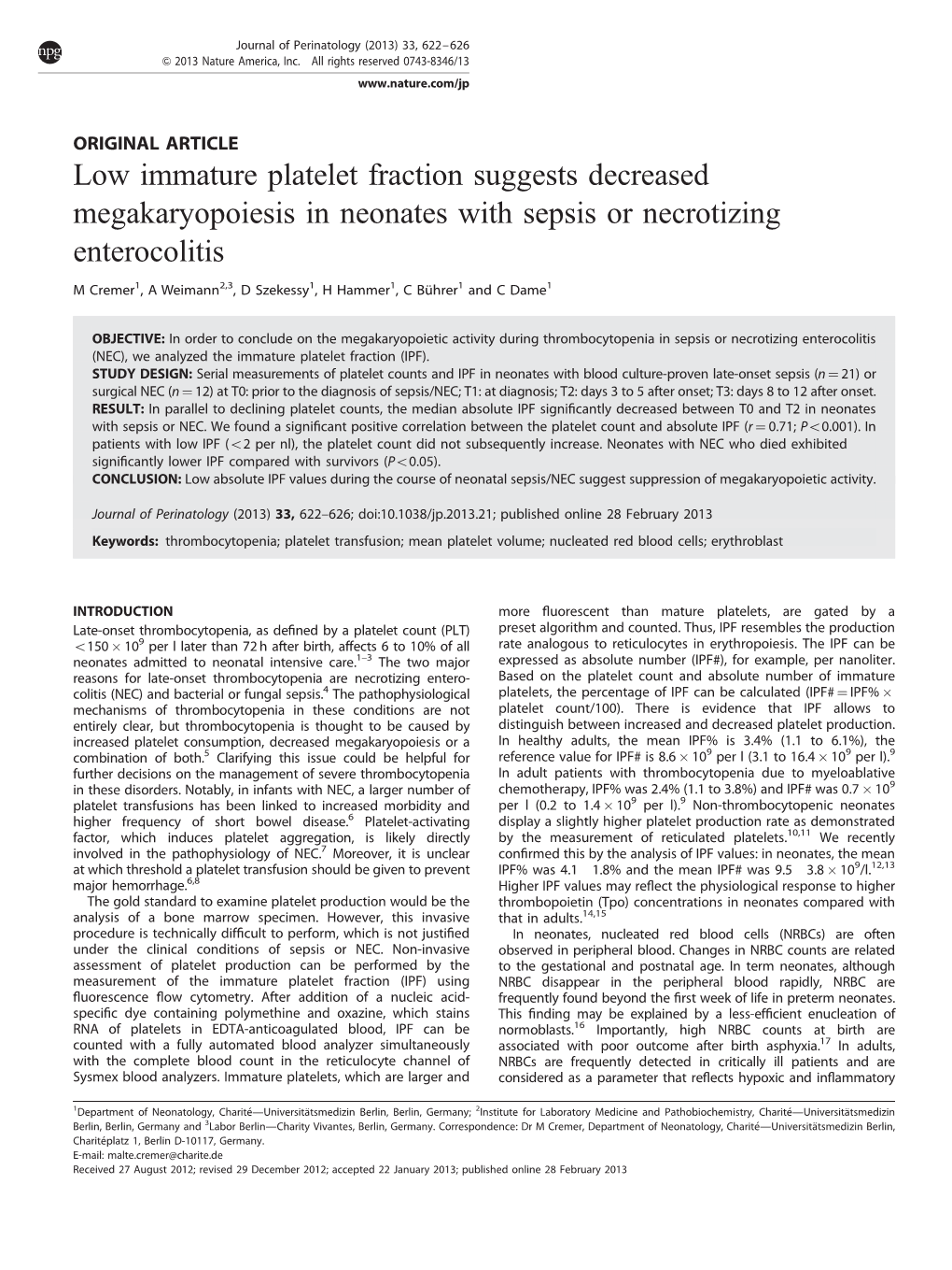 Low Immature Platelet Fraction Suggests Decreased Megakaryopoiesis in Neonates with Sepsis Or Necrotizing Enterocolitis