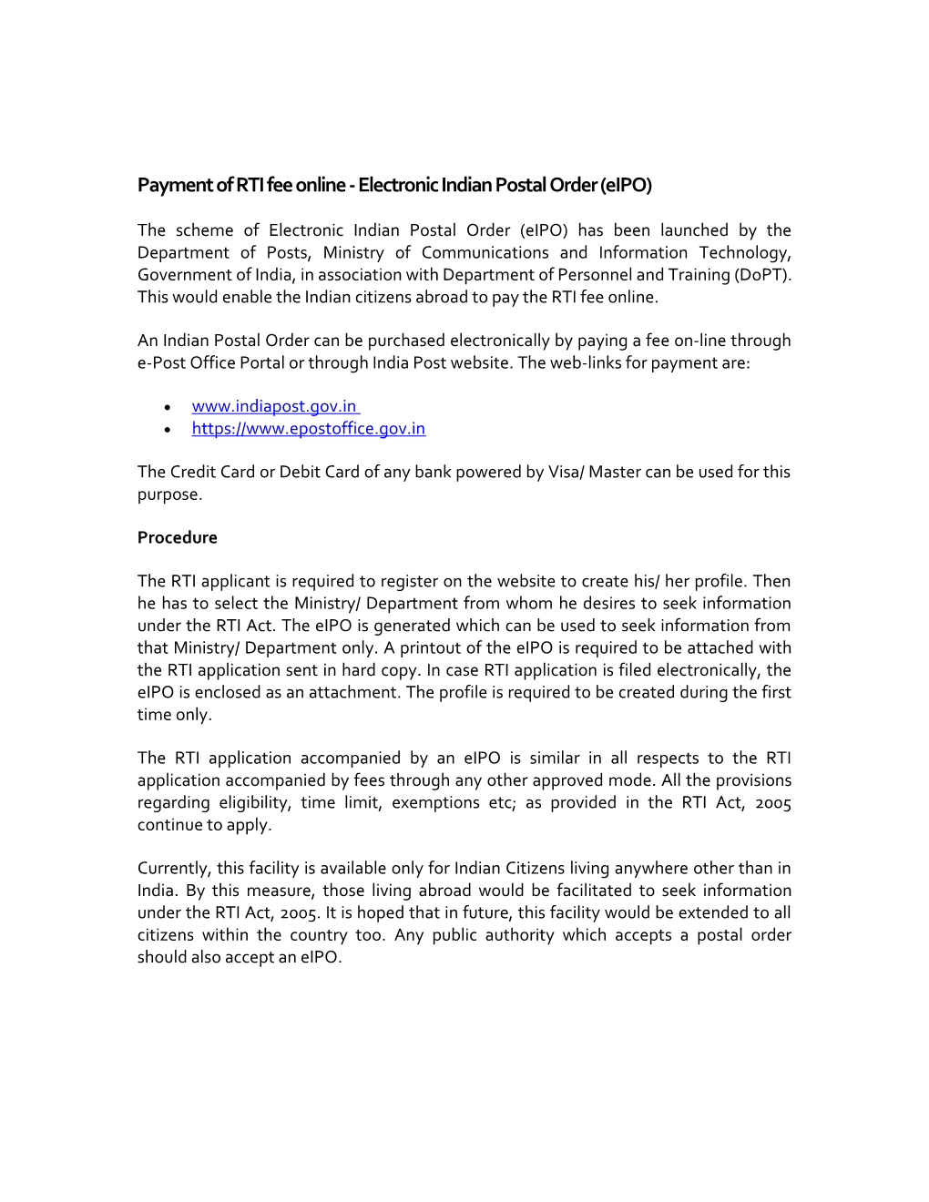 Payment of RTI Fee Online - Electronic Indian Postal Order (Eipo)