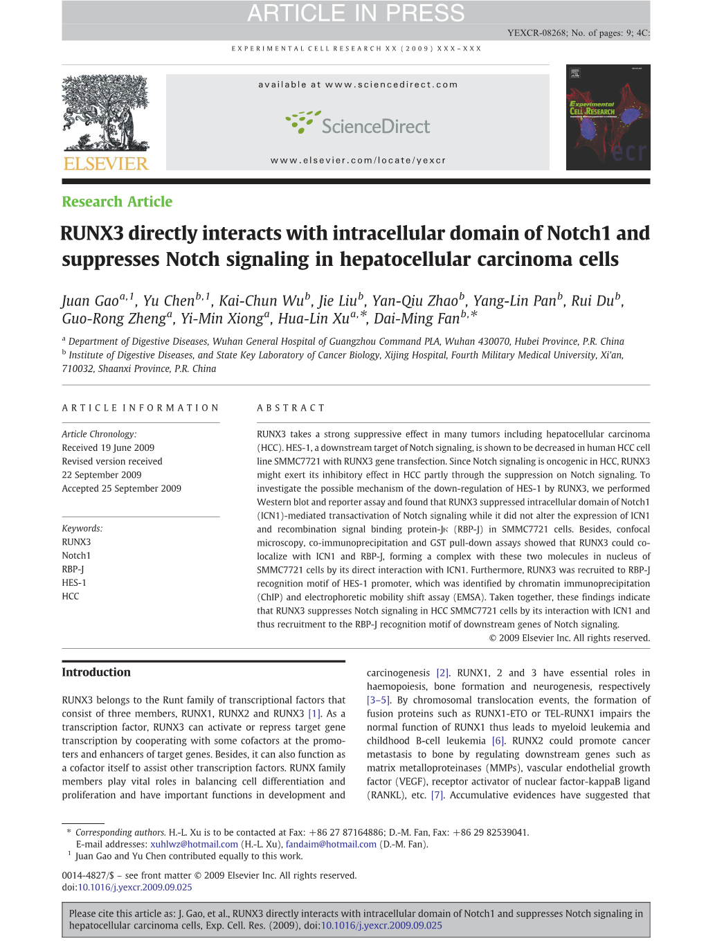 RUNX3 Directly Interacts with Intracellular Domain of Notch1 and Suppresses Notch Signaling in Hepatocellular Carcinoma Cells