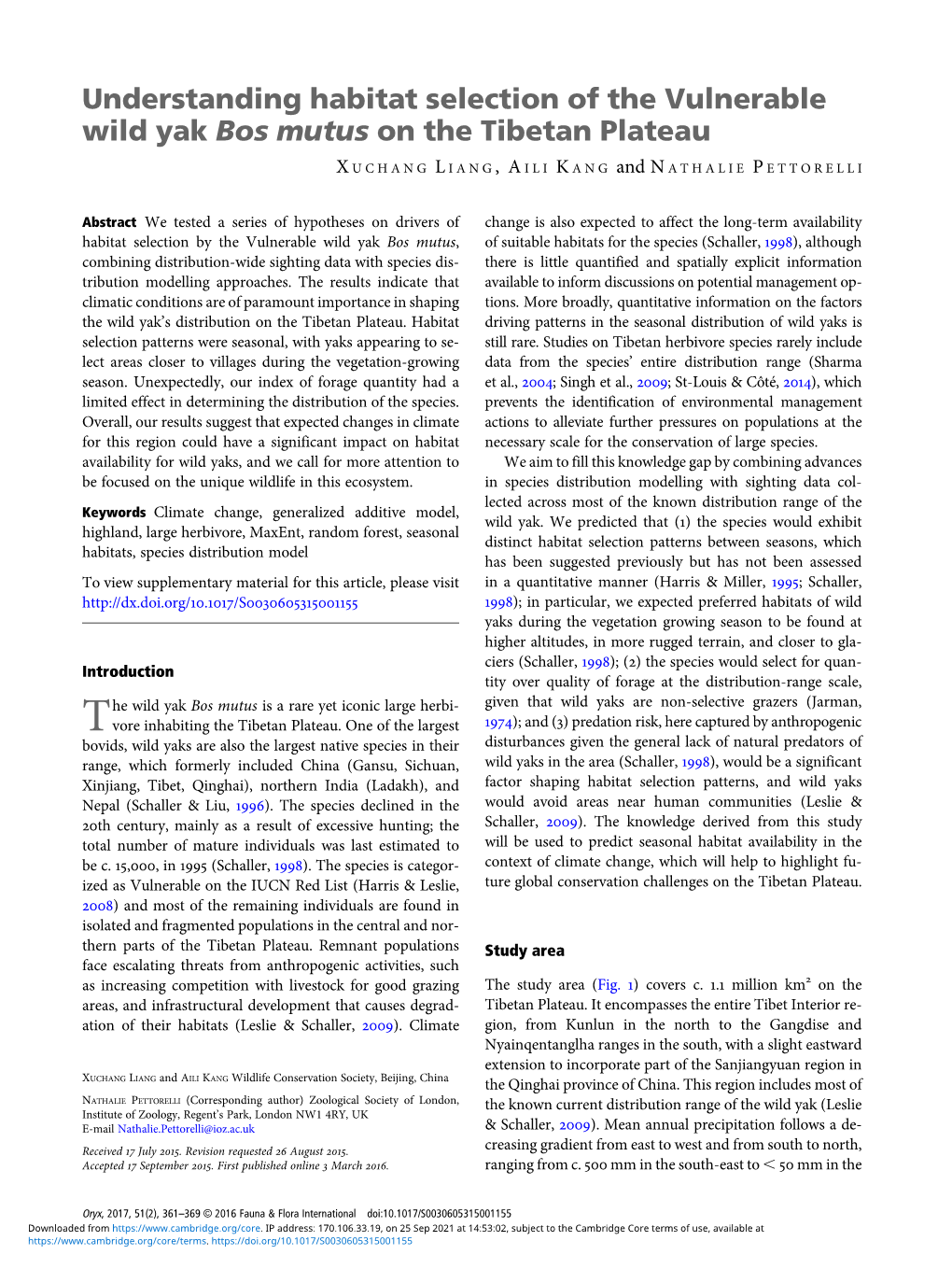 Understanding Habitat Selection of the Vulnerable Wild Yak Bos Mutus on the Tibetan Plateau