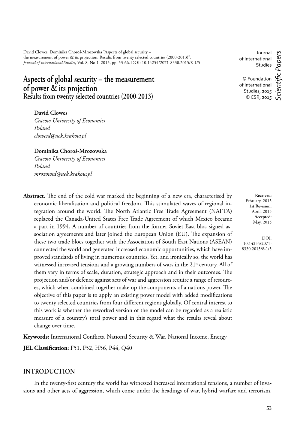 Aspects of Global Security – the Measurement of Power & Its