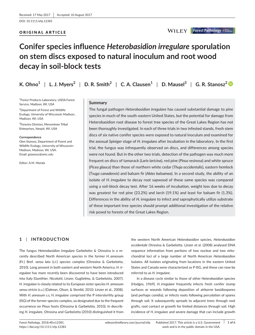 Conifer Species Influence Heterobasidion Irregulare Sporulation on Stem Discs Exposed to Natural Inoculum and Root Wood Decay in Soil-Block Tests