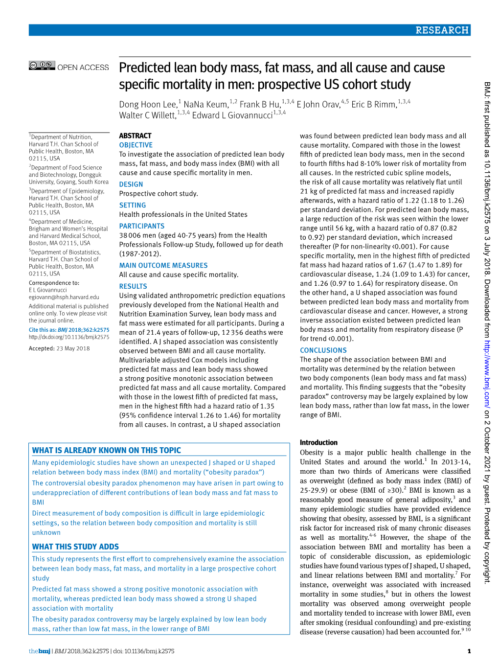 Predicted Lean Body Mass, Fat Mass, and All Cause and Cause