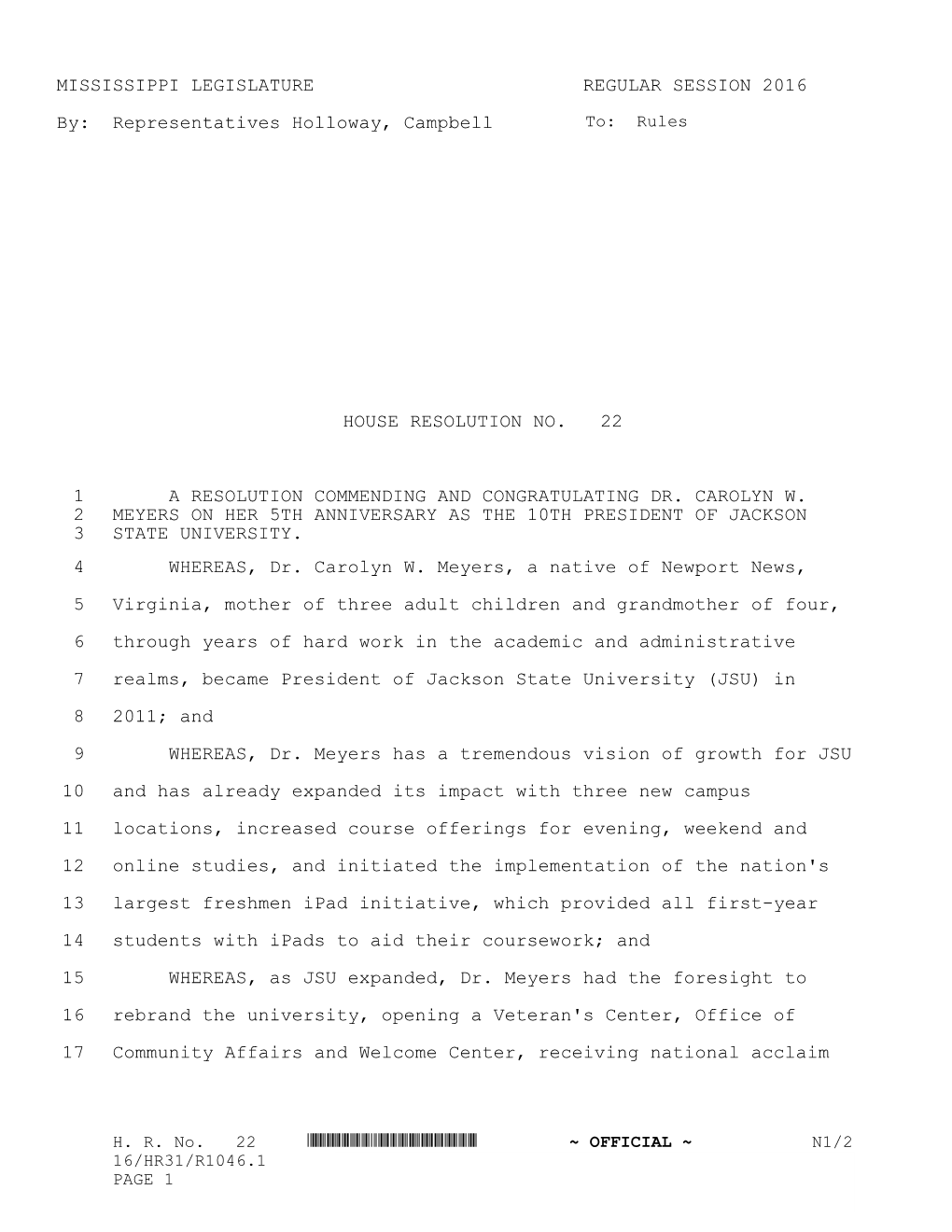 MISSISSIPPI LEGISLATURE REGULAR SESSION 2016 By