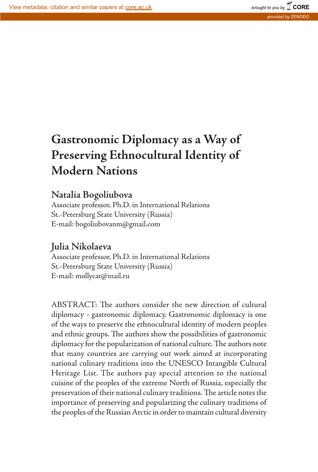 Gastronomic Diplomacy As a Way of Preserving Ethnocultural Identity of Modern Nations