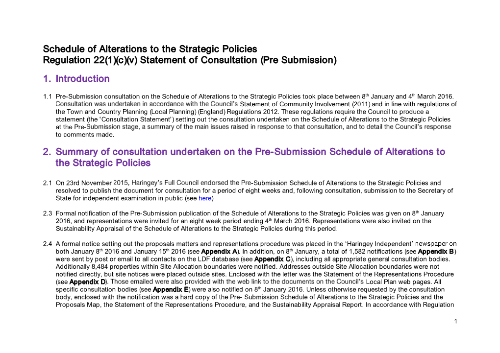 Schedule of Alterations to the Strategic Policies Regulation 22(1)(C)(V) Statement of Consultation (Pre Submission)