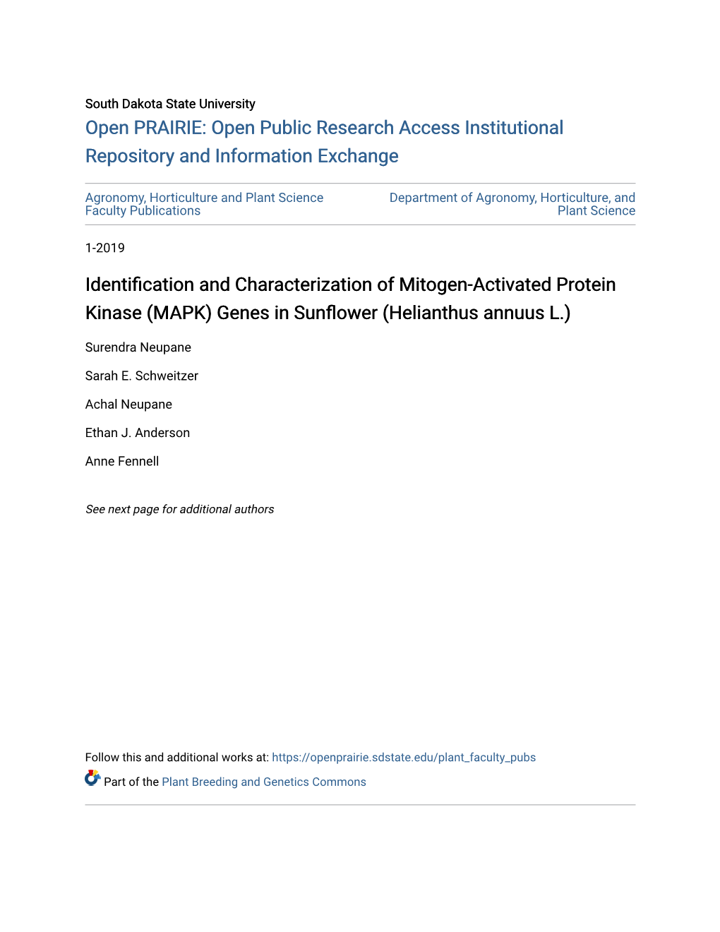 Identification and Characterization of Mitogen-Activated Protein Kinase (MAPK) Genes in Sunflower (Helianthus Annuus L.)