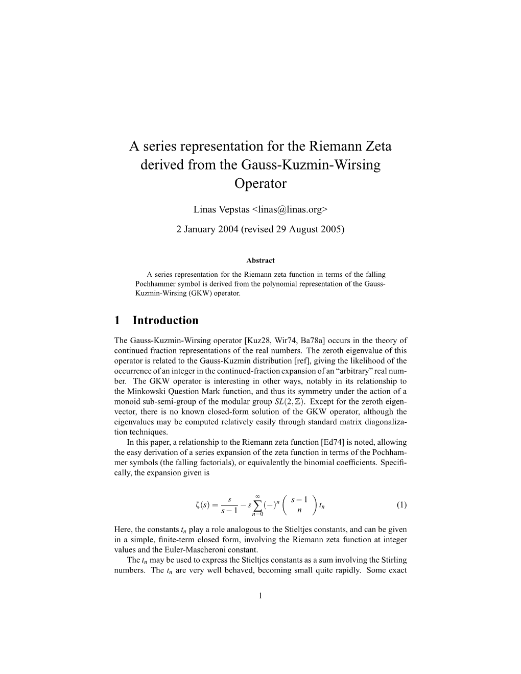 A Series Representation for the Riemann Zeta Derived from the Gauss-Kuzmin-Wirsing Operator