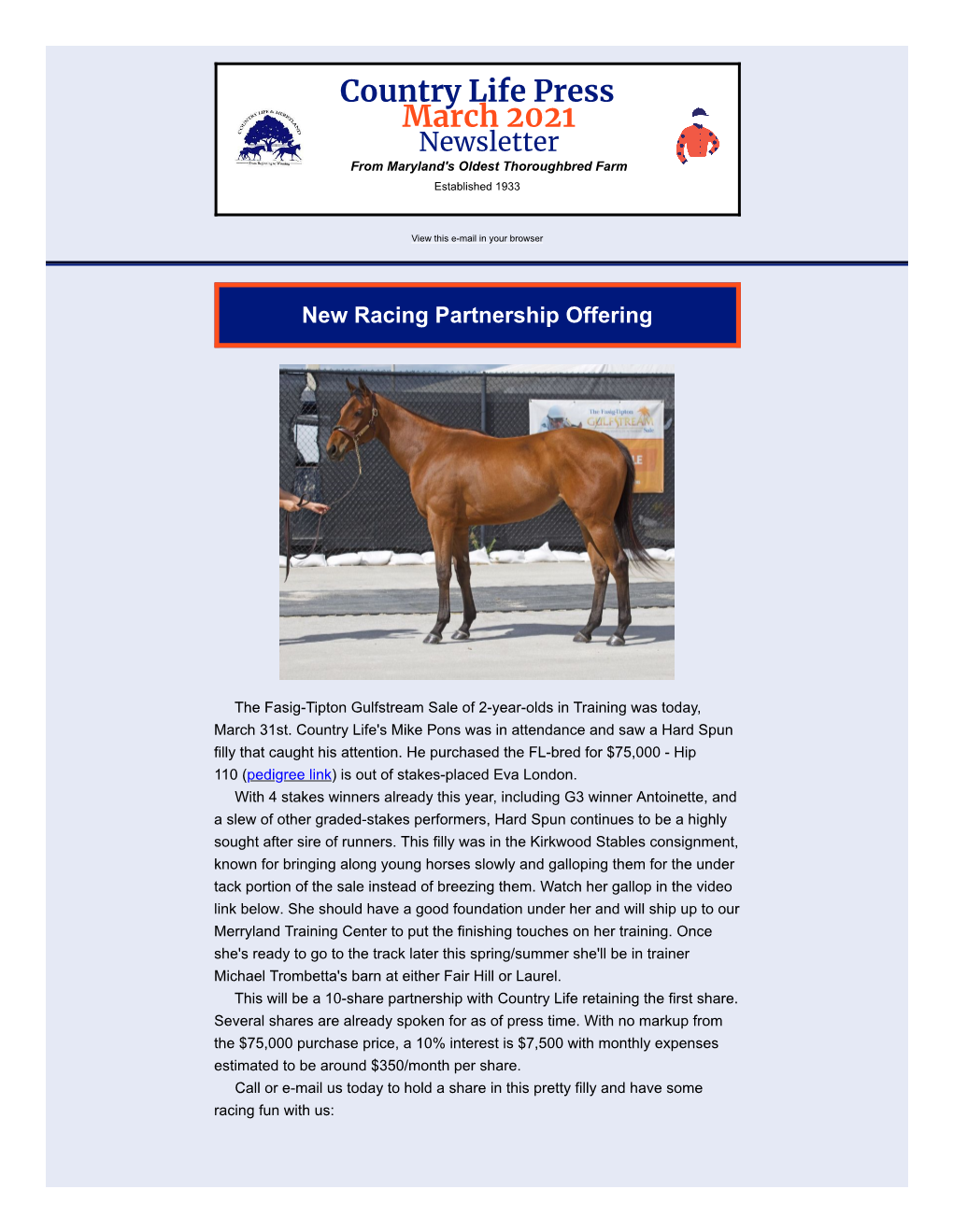 Country Life Press March 2021 Newsletter from Maryland's Oldest Thoroughbred Farm Established 1933