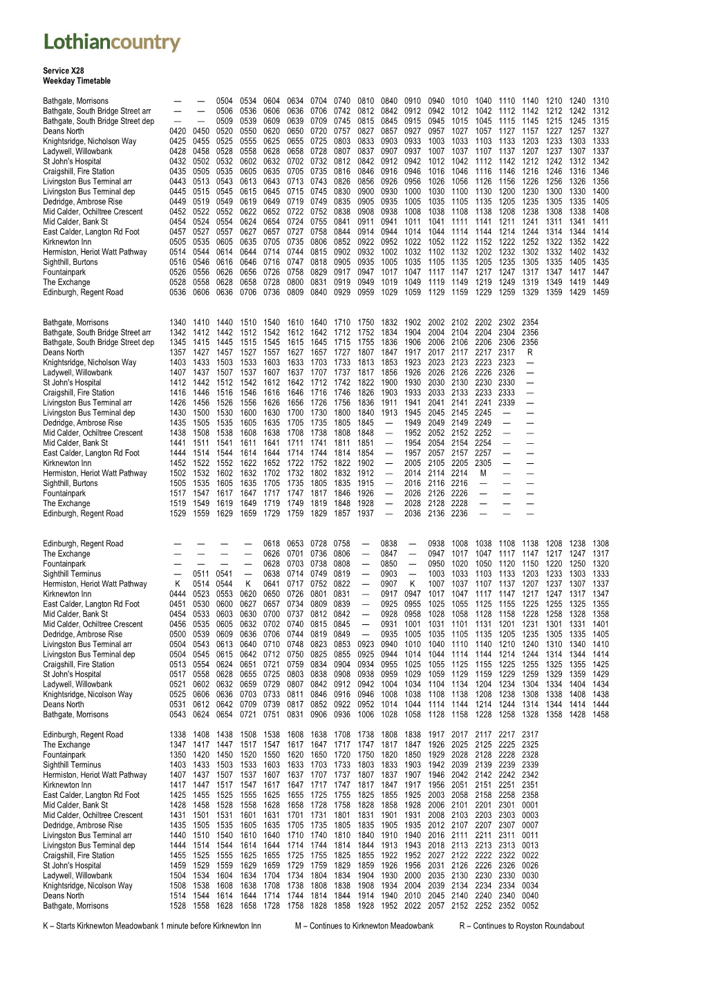 Service X28 Weekday Timetable Bathgate, Morrisons