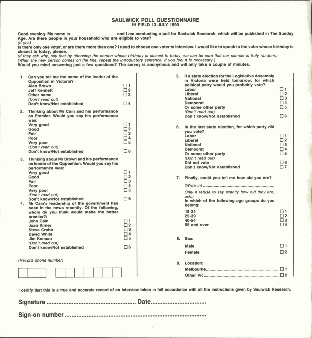 Saulwick Poll Questionnaire in Field 13 July 1990