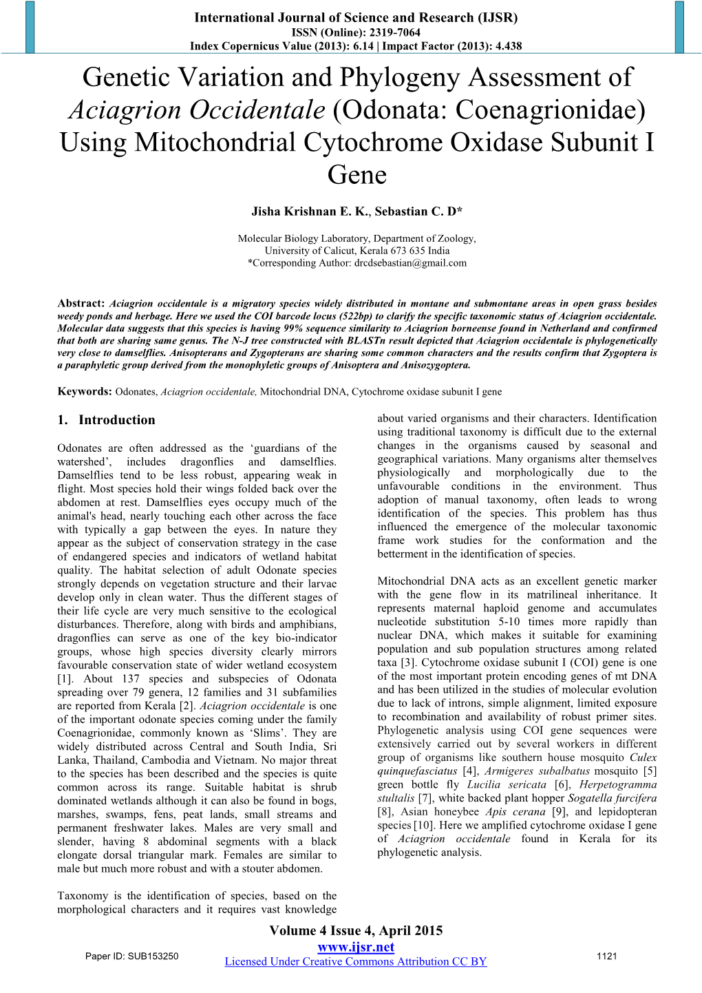 Genetic Variation and Phylogeny Assessment of Aciagrion Occidentale (Odonata: Coenagrionidae) Using Mitochondrial Cytochrome Oxidase Subunit I Gene