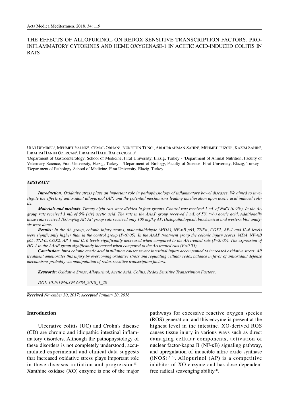 The Effects of Allopurinol on Redox Sensitive Transcription Factors, Pro- Inflammatory Cytokines and Heme Oxygenase-1 in Acetic Acid-Induced Colitis in Rats