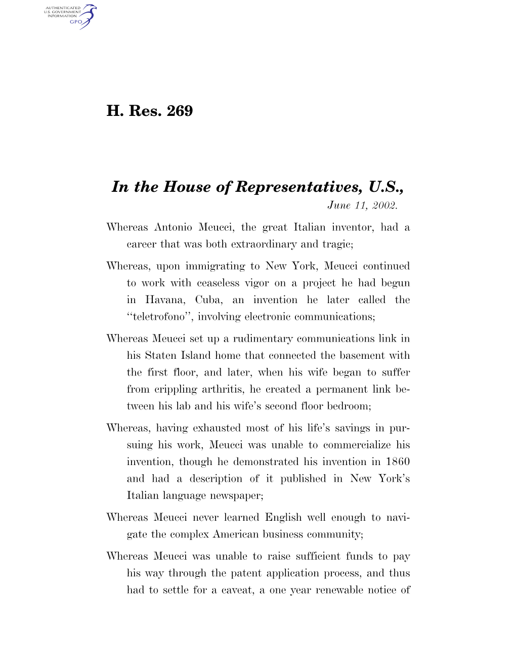 H. Res. 269 in the House of Representatives, U.S