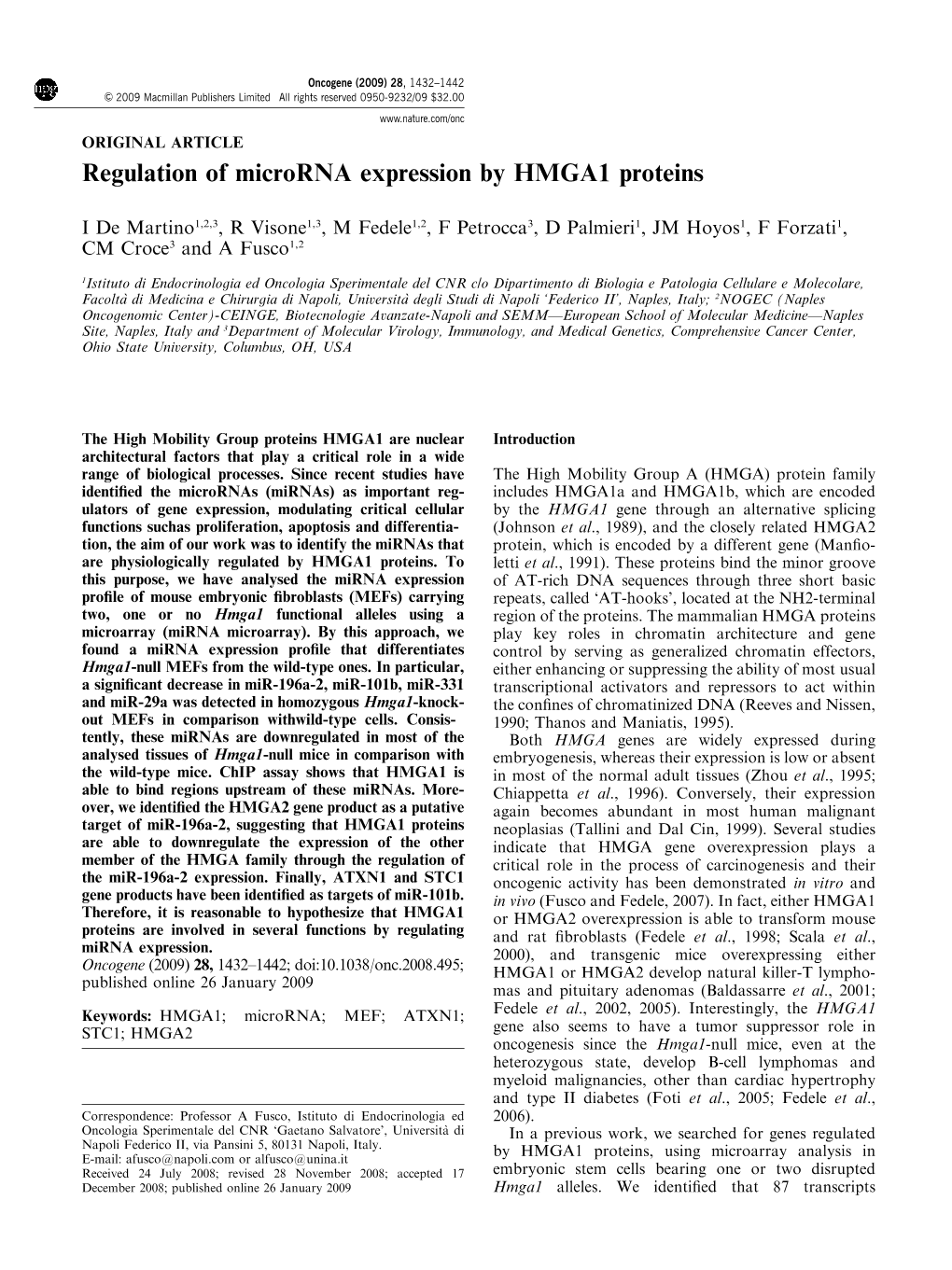 Regulation of Microrna Expression by HMGA1 Proteins