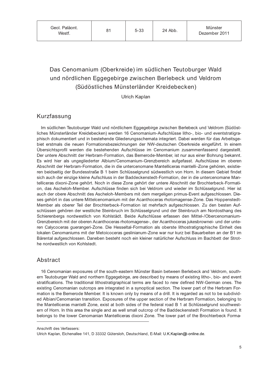 Im Südlichen Teutoburger Wald Und Nördlichen Eggegebirge Zwischen Berlebeck Und Veldrom (Südöstliches Münsterländer Kreidebecken) Ulrich Kaplan