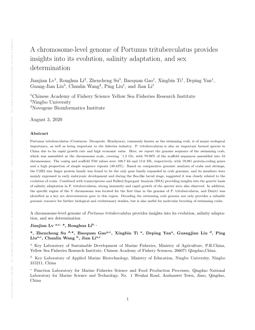 A Chromosome-Level Genome of Portunus Trituberculatus Provides