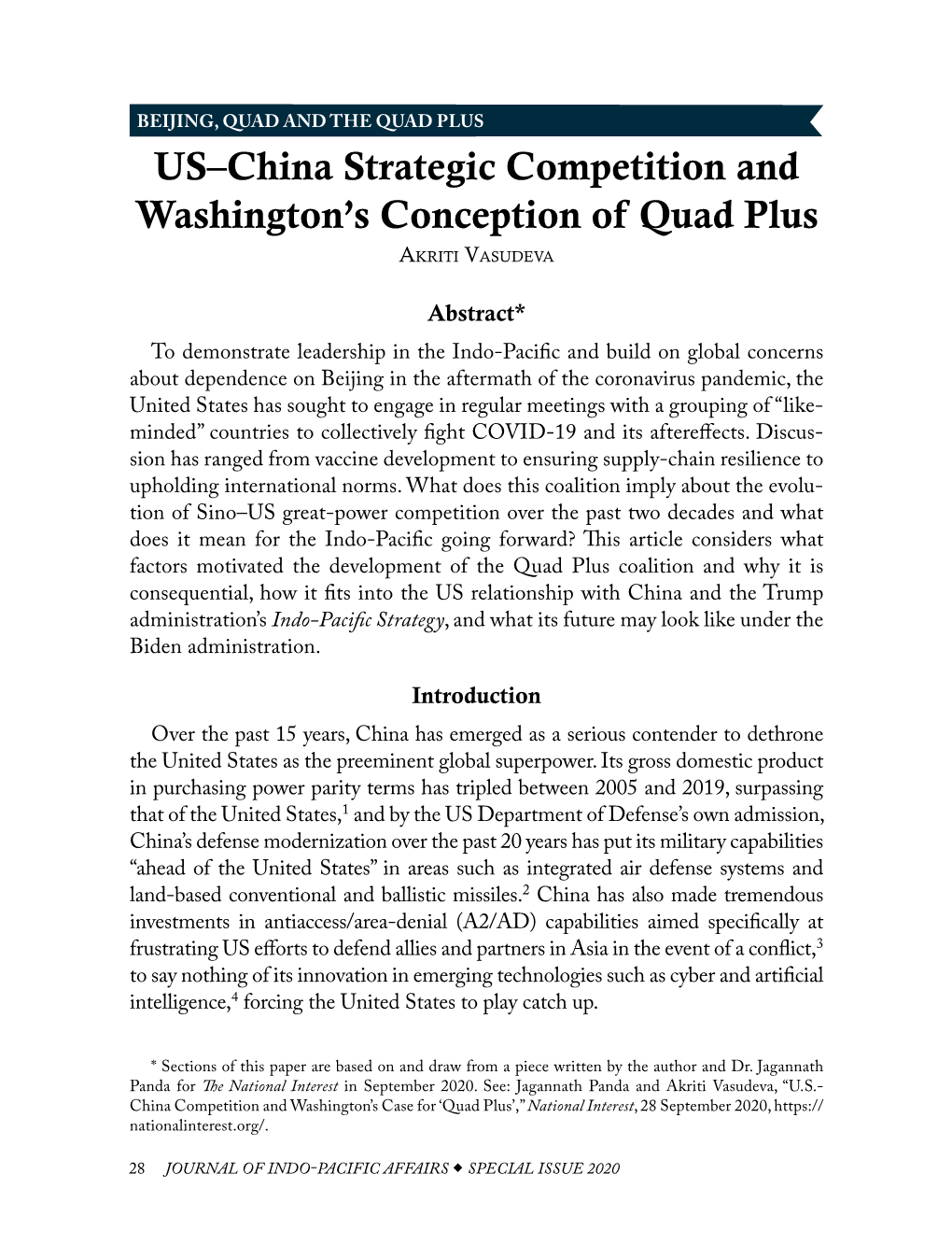 US–China Strategic Competition and Washington's Conception of Quad Plus