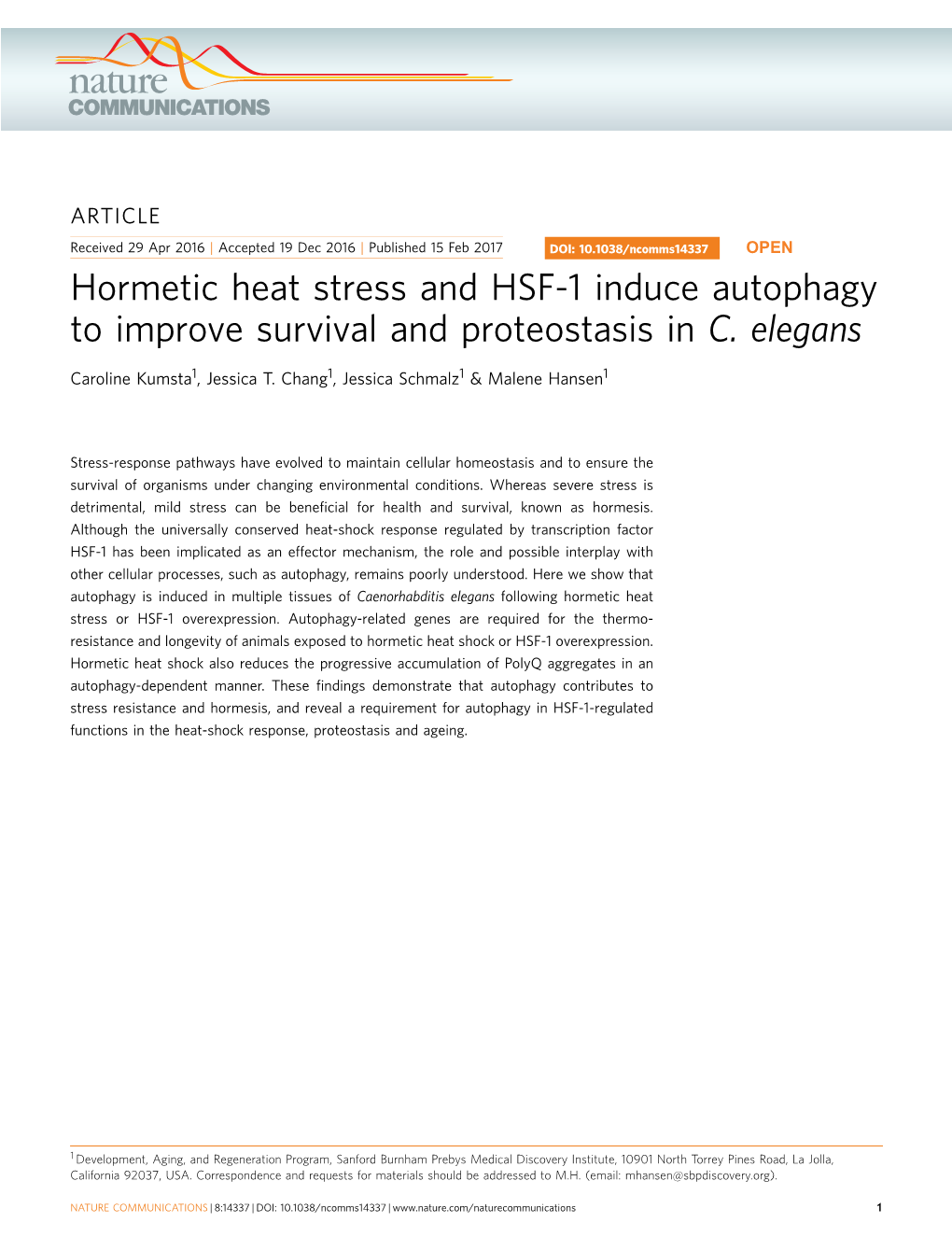 Hormetic Heat Stress and HSF-1 Induce Autophagy to Improve Survival and Proteostasis in C