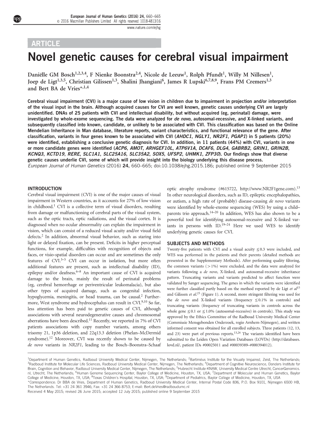 Novel Genetic Causes for Cerebral Visual Impairment