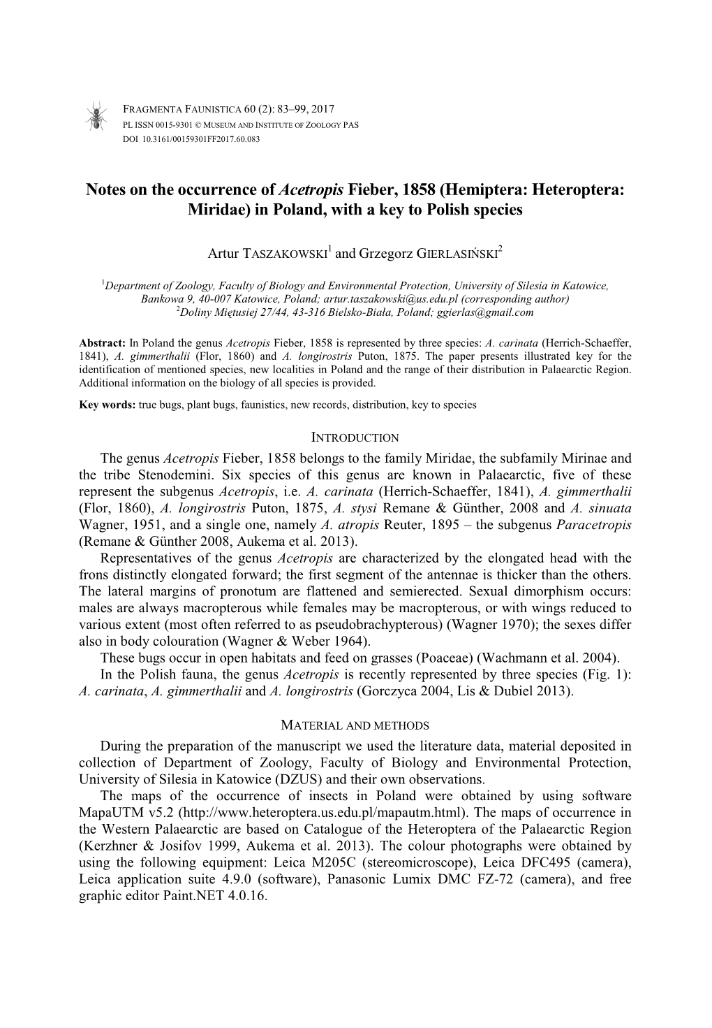 Notes on the Occurrence of Acetropis Fieber, 1858 (Hemiptera: Heteroptera: Miridae) in Poland, with a Key to Polish Species