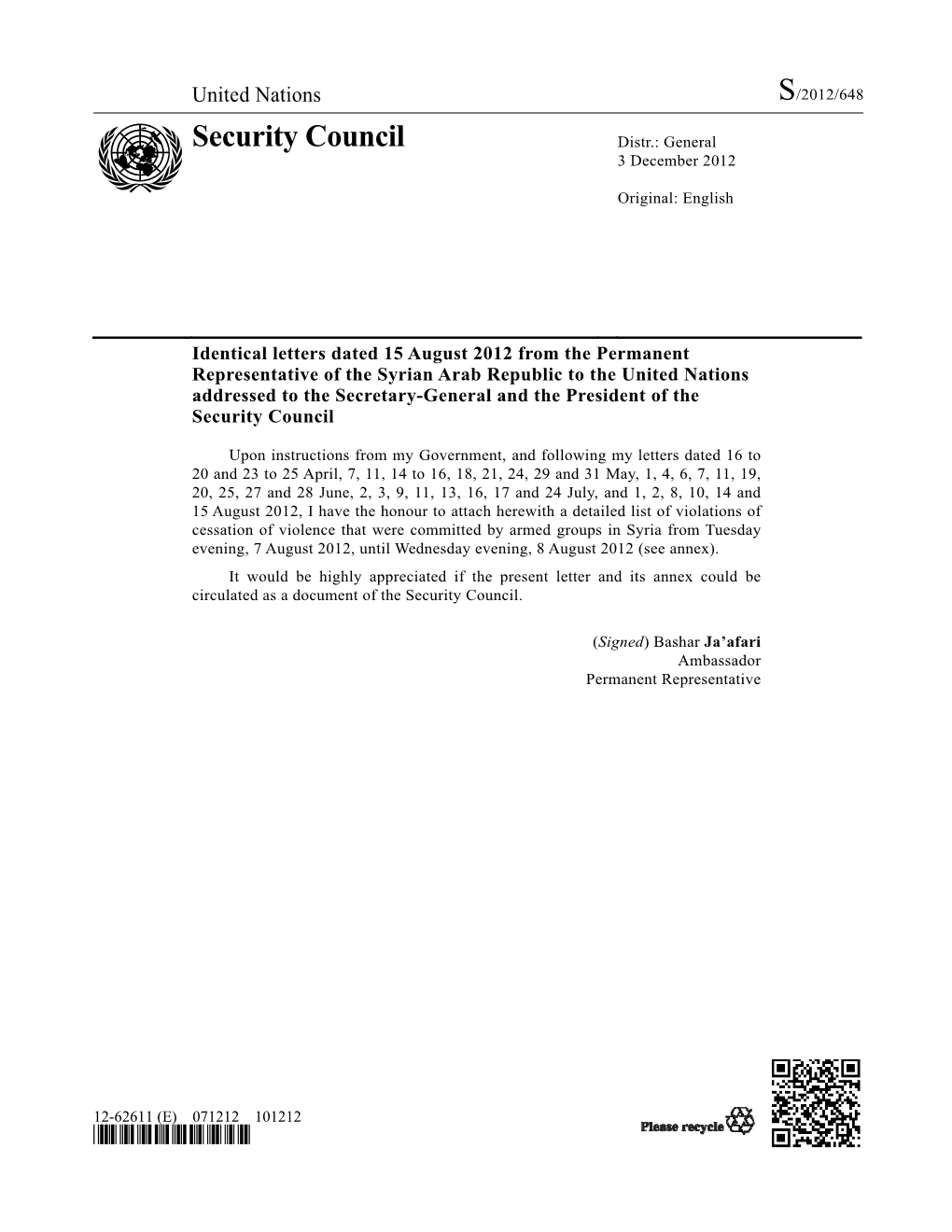 Security Council Distr.: General 3 December 2012