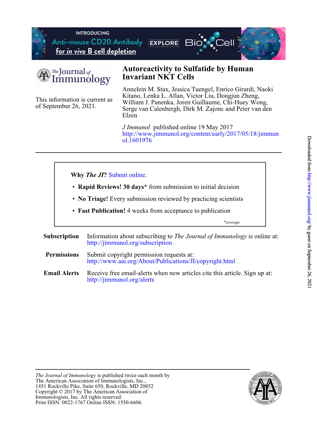 Autoreactivity to Sulfatide by Human Invariant NKT Cells Annelein M