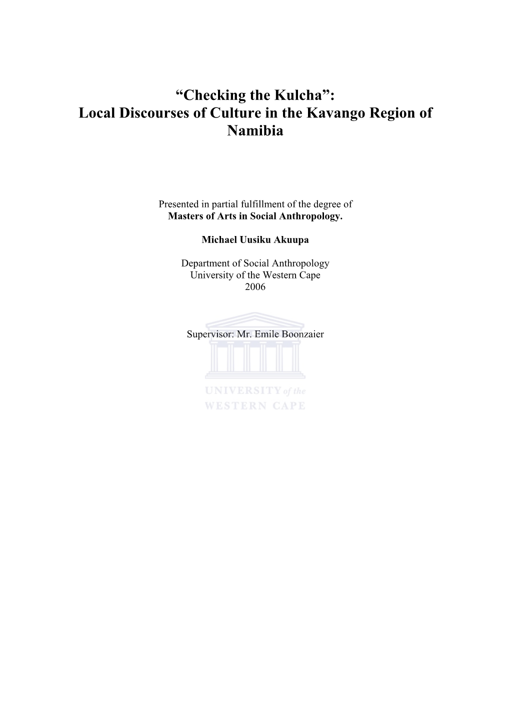 Local Discourses of Culture in the Kavango Region of Namibia