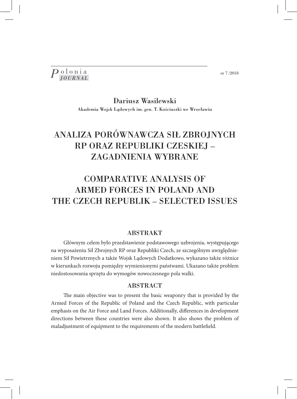 Analiza Porównawcza Sił Zbrojnych Rp Oraz Republiki Czeskiej – Zagadnienia Wybrane