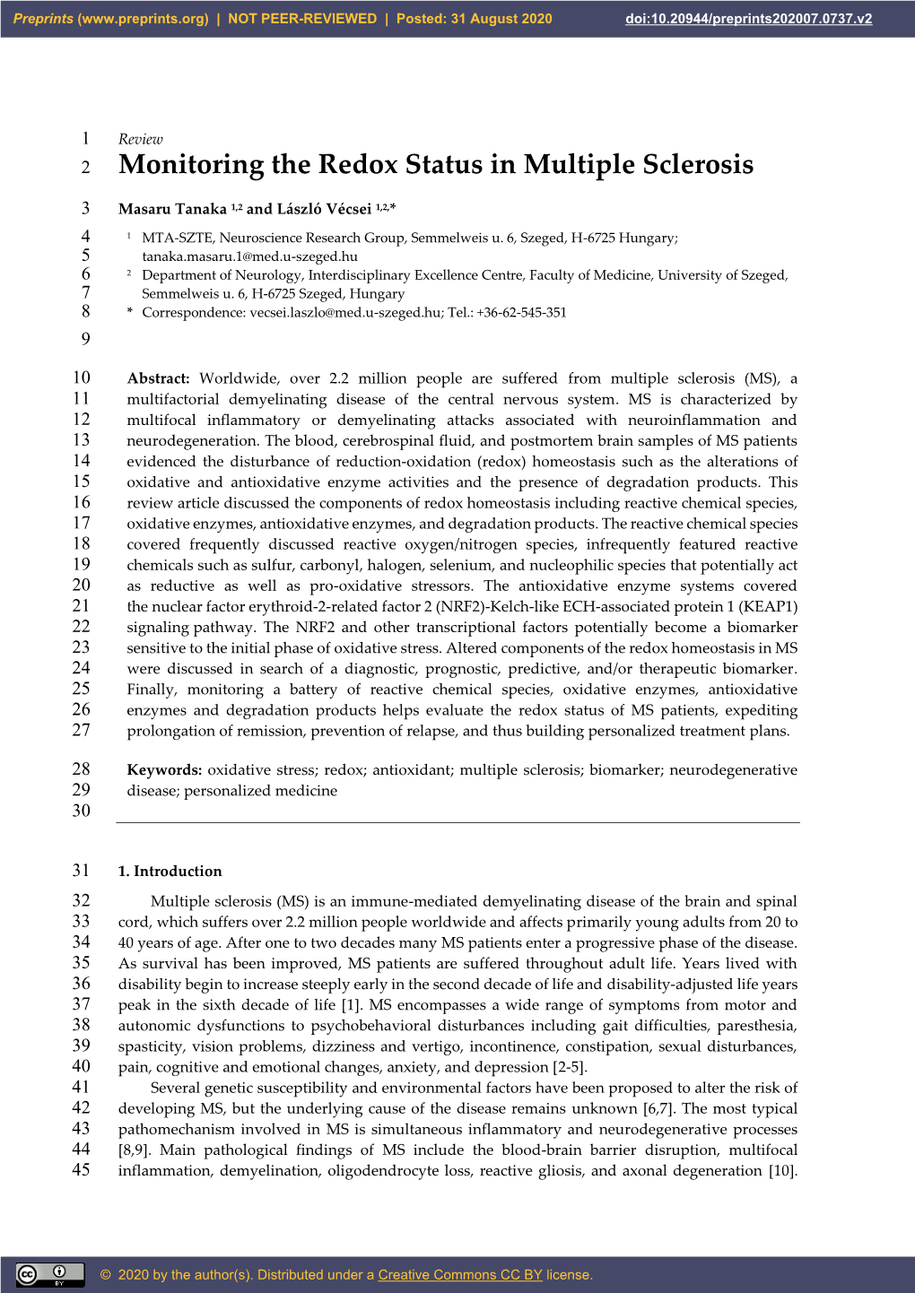 Monitoring the Redox Status in Multiple Sclerosis