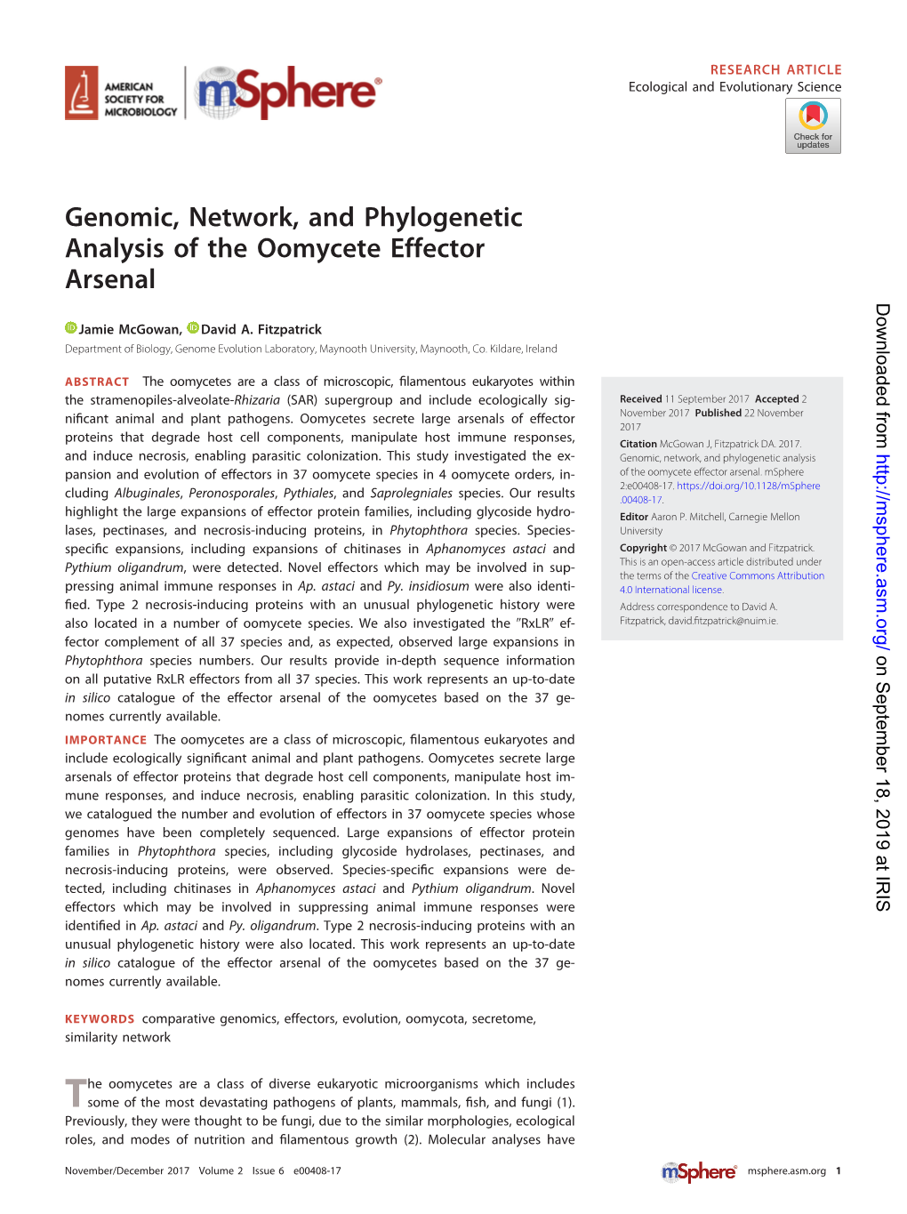 Genomic, Network, and Phylogenetic Analysis of the Oomycete Effector Arsenal Downloaded From