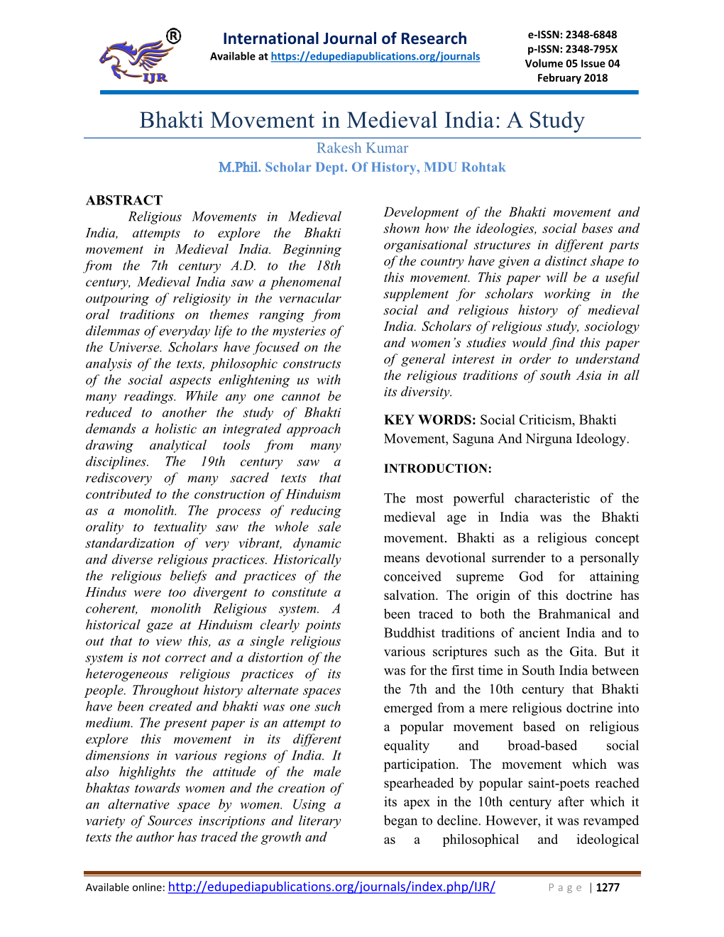 Bhakti Movement in Medieval India: a Study Rakesh Kumar M.Phil