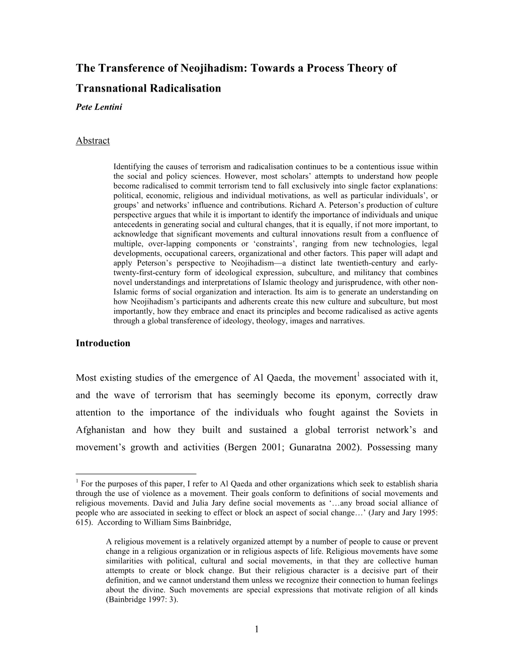 Towards a Process Theory of Transnational Radicalisation Pete Lentini