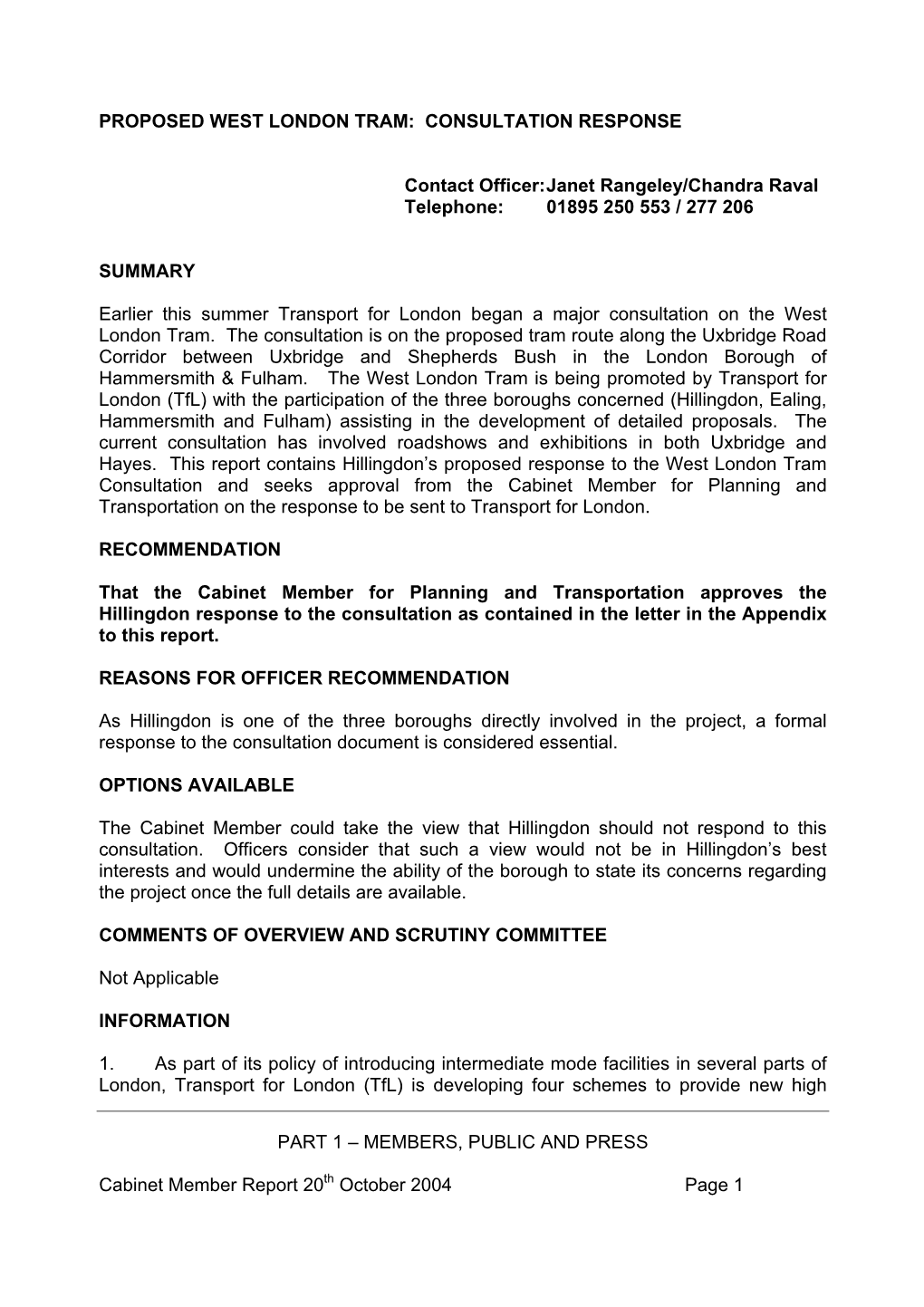 West London Tram: Consultation Response