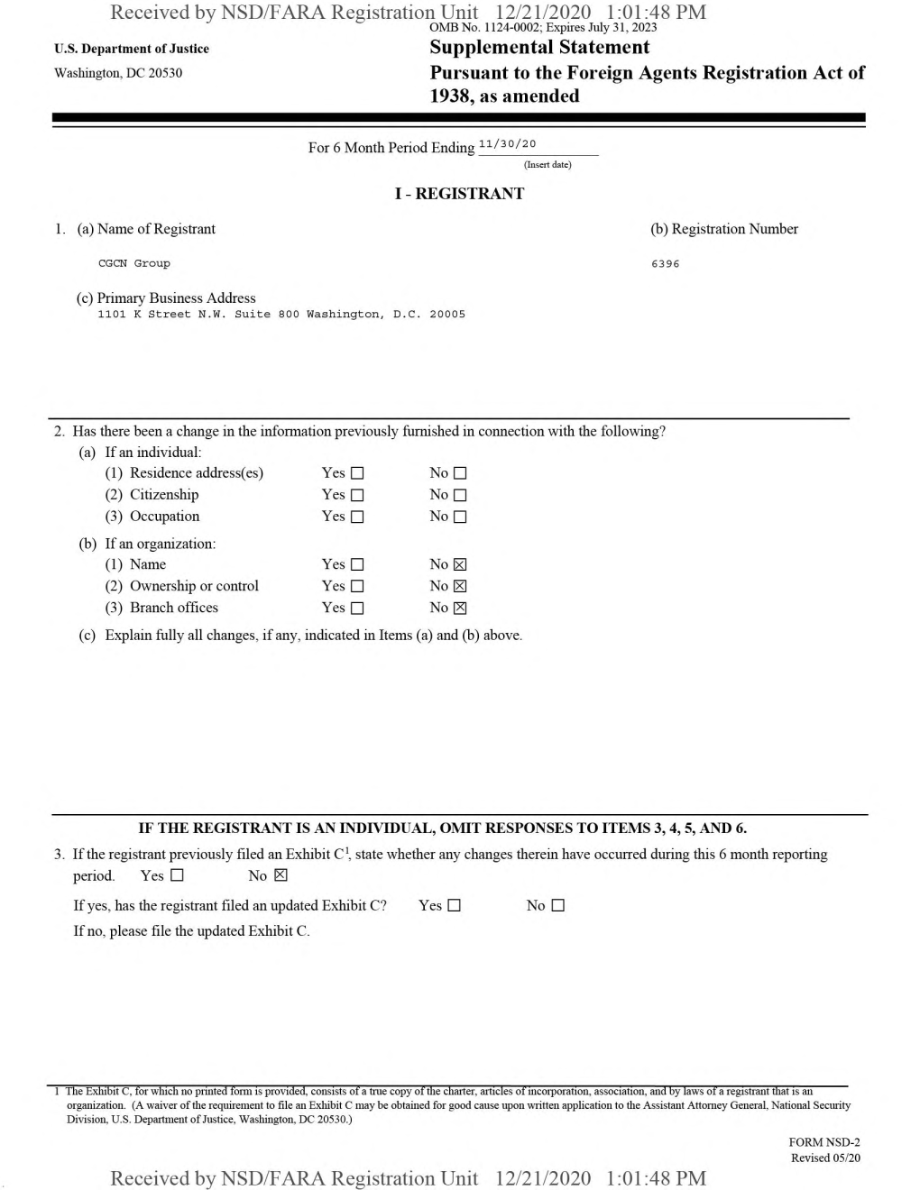 Supplemental Statement Washington, Dc 20530 Pursuant to the Foreign Agents Registration Act of 1938, As Amended