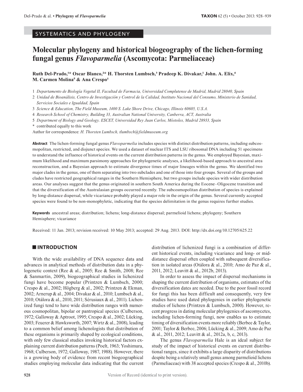 Molecular Phylogeny and Historical Biogeography of the Lichen-Forming Fungal Genus Flavoparmelia (Ascomycota: Parmeliaceae)