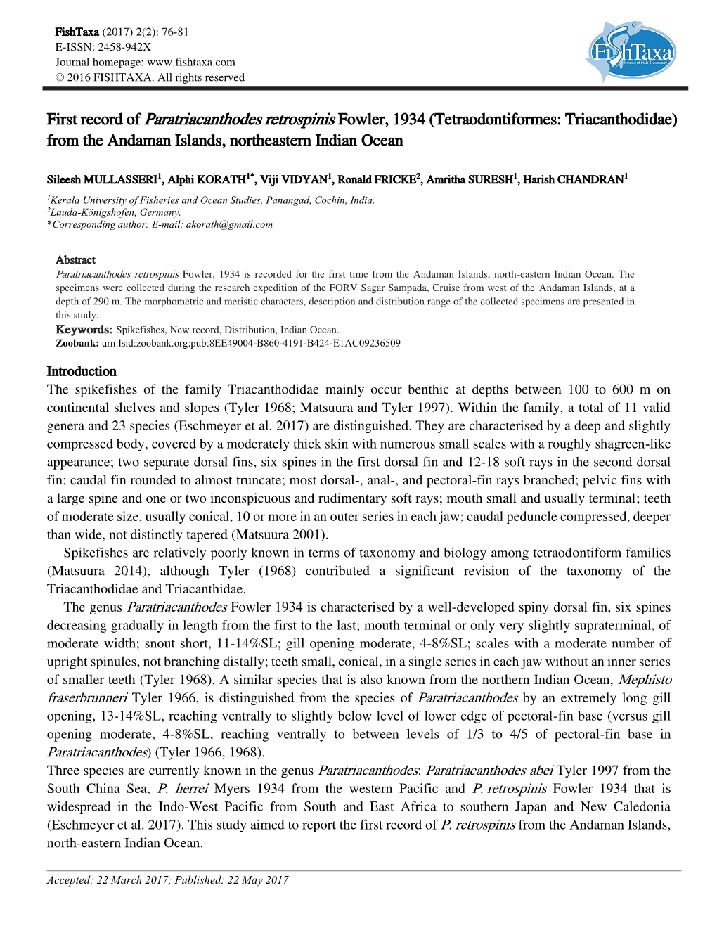 Tetraodontiformes: Triacanthodidae) from the Andaman Islands, Northeastern Indian Ocean