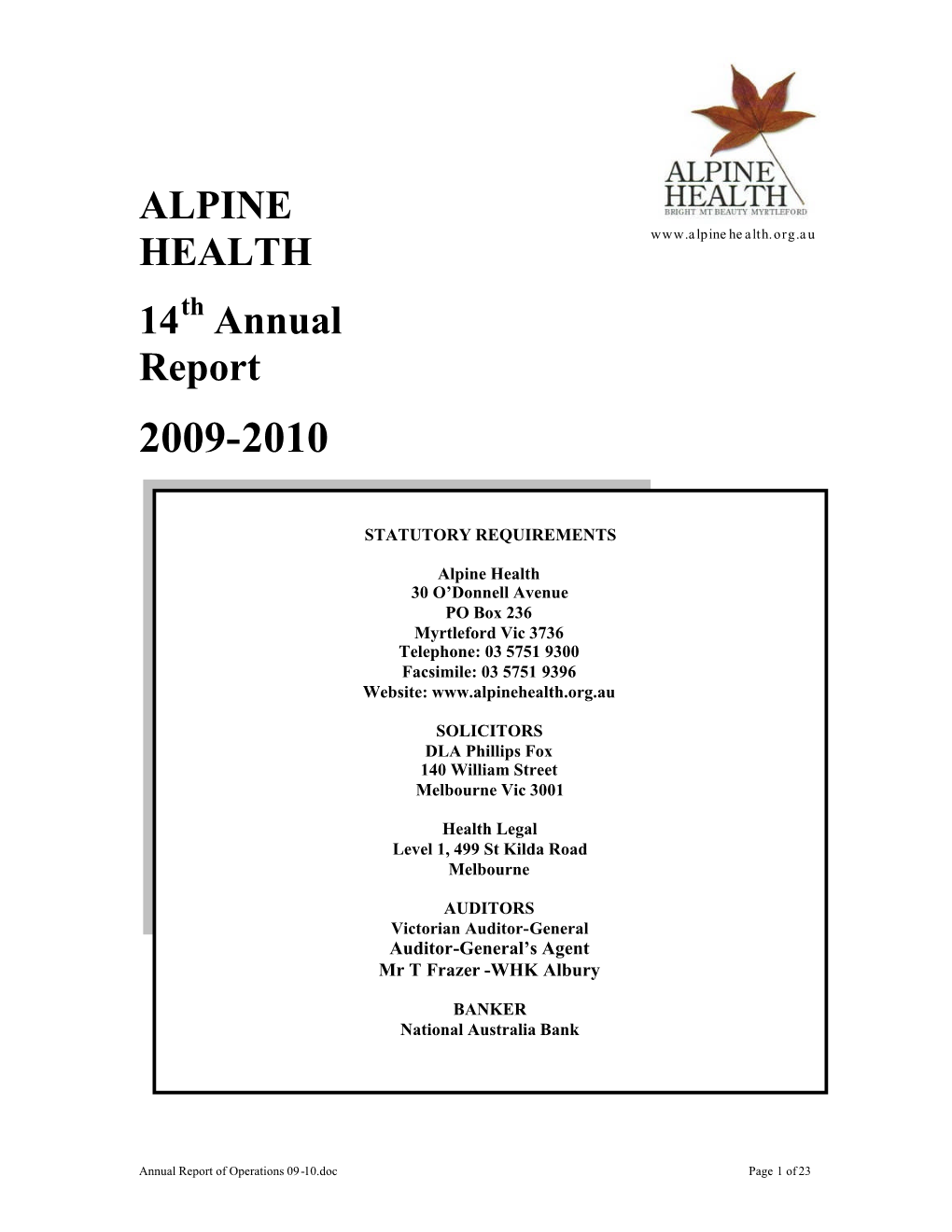 ALPINE HEALTH 14 Annual Report