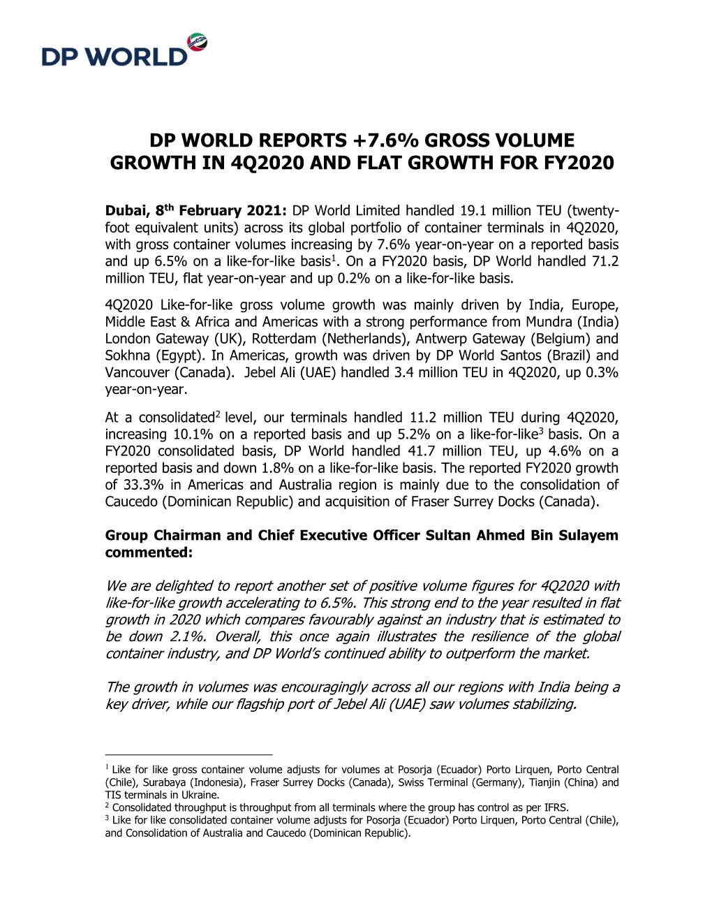 Q4 2020 DP World Throughput Announcement