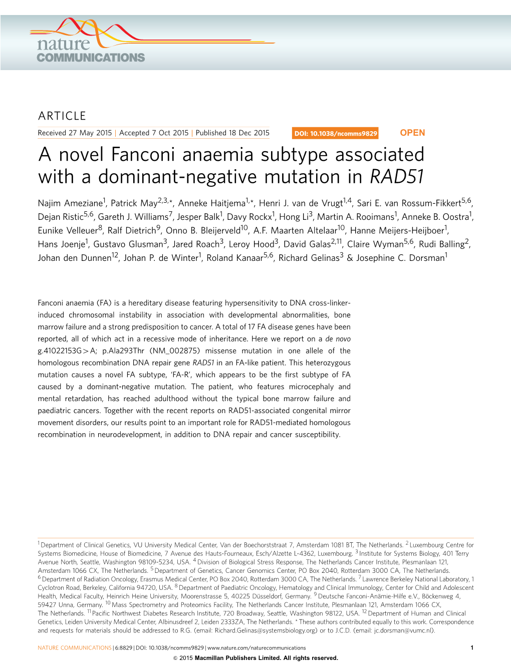 A Novel Fanconi Anaemia Subtype Associated with a Dominant-Negative Mutation in RAD51