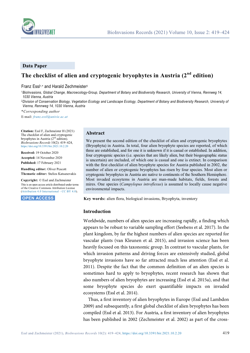 The Checklist of Alien and Cryptogenic Bryophytes in Austria (2Nd Edition)