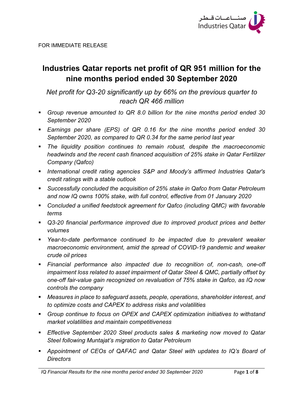 Industries Qatar Reports Net Profit of QR 951 Million for the Nine Months Period Ended 30 September 2020