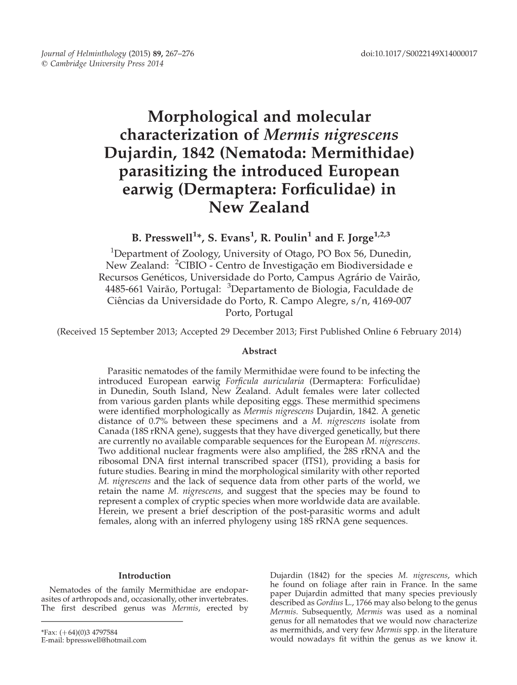 (Nematoda: Mermithidae) Parasitizing the Introduced European Earwig (Dermaptera: Forﬁculidae) in New Zealand