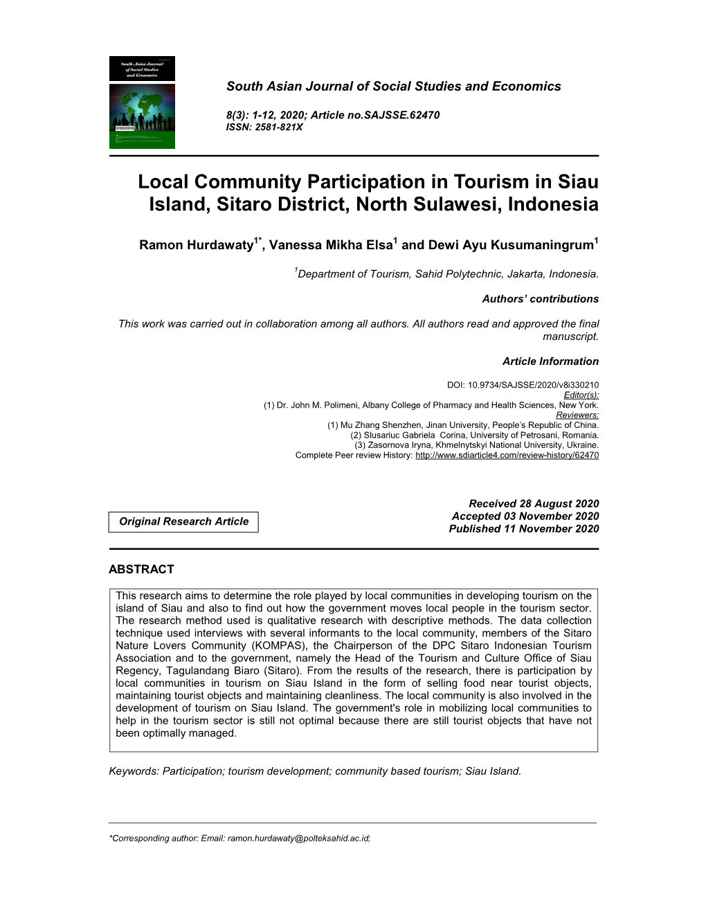 Local Community Participation in Tourism in Siau Island, Sitaro District, North Sulawesi, Indonesia