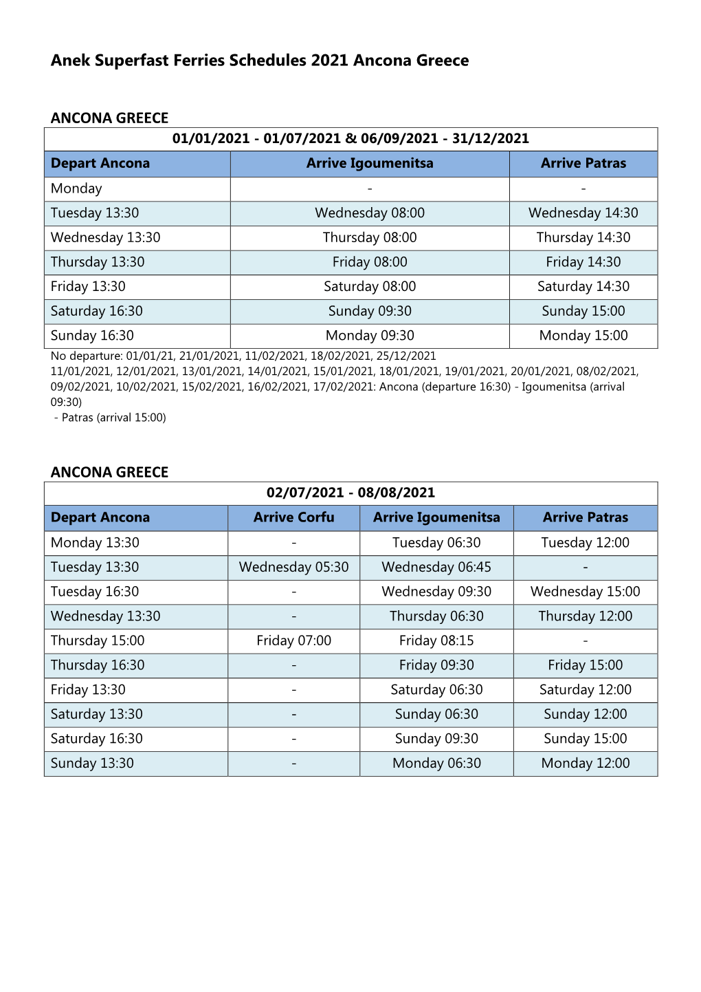 Anek Superfast Ferries Schedules 2021 Ancona Greece ANCONA