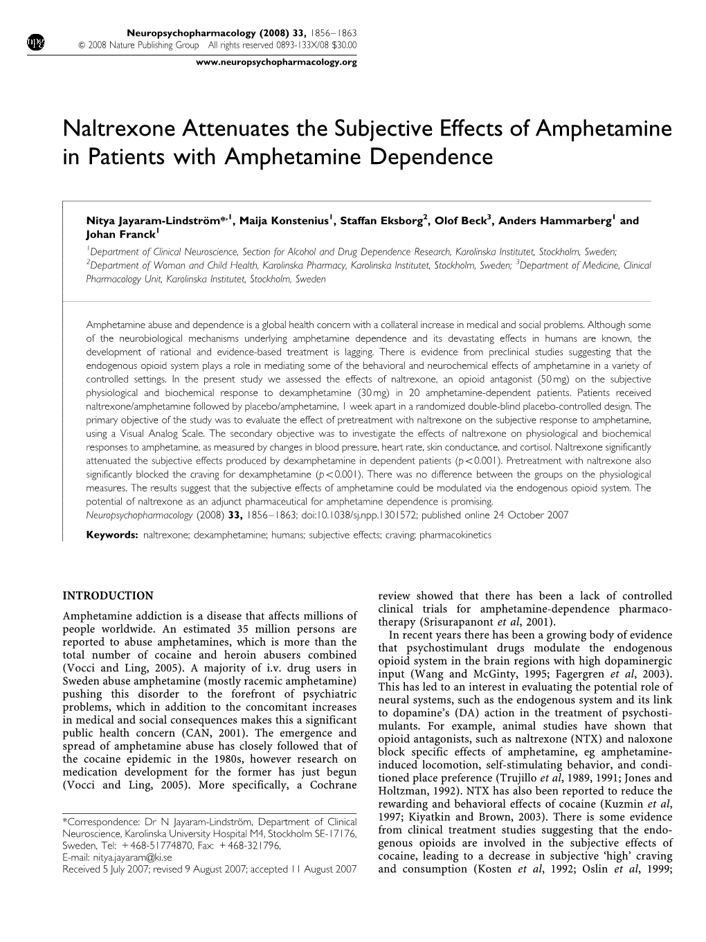 Naltrexone Attenuates the Subjective Effects of Amphetamine in Patients with Amphetamine Dependence